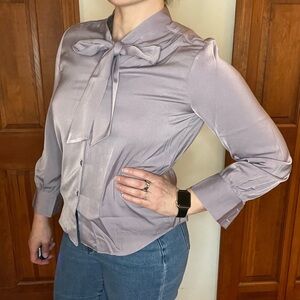 Shallow Streams Lavender Tie Neck Button Front Blouse Office Career